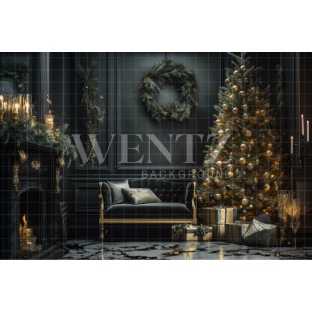 Fabric Photography Background Christmas Room with Fireplace / Backdrop 3805