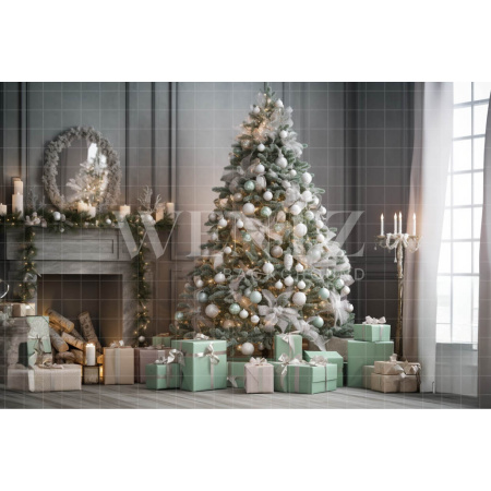 Fabric Photography Background Christmas Room with Fireplace / Backdrop 3825