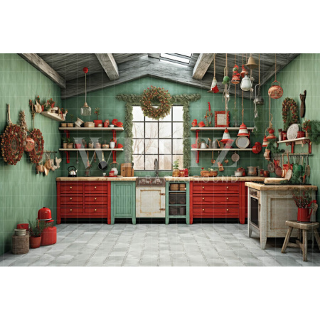 Fabric Photography Background Christmas Kitchen / Backdrop 4187