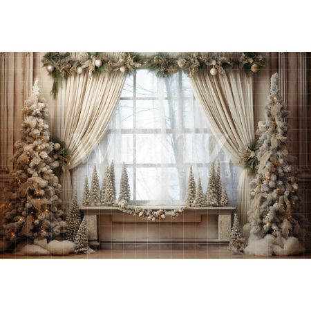 Fabric Photography Background Christmas Room with Window / Backdrop 4240