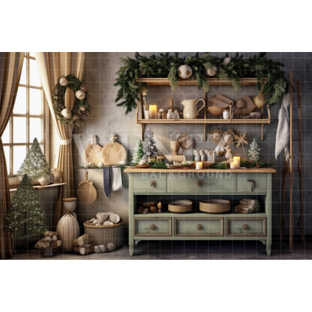 Fabric Photography Background Vintage Christmas Kitchen / Backdrop 4346