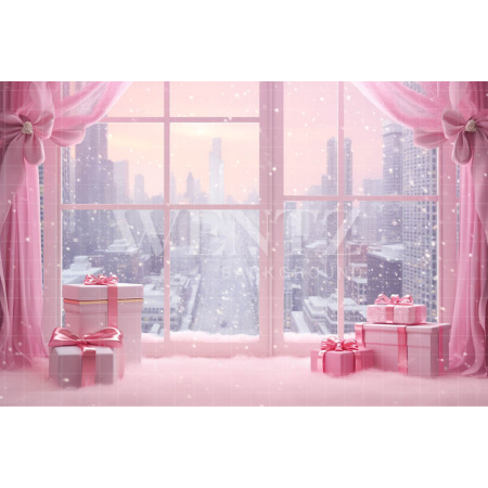 Fabric Photography Background Pink Christmas Window / Backdrop 4485