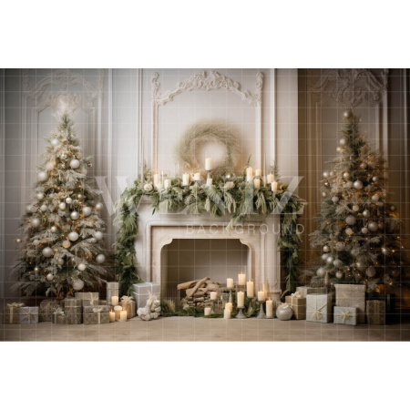 Fabric Photography Background Christmas Room with Fireplace / Backdrop 4494