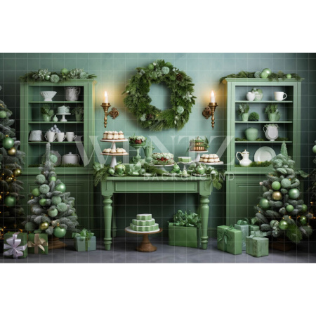 Fabric Photography Background Green Christmas Kitchen / Backdrop 4597