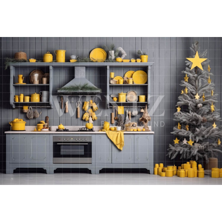 Fabric Photography Background Grey and Yellow Christmas Kitchen / Backdrop 4666