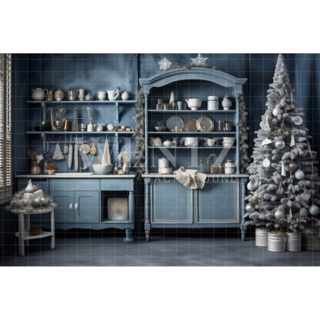 Fabric Photography Background Blue Christmas Kitchen / Backdrop 4677