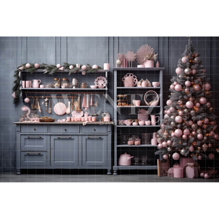 Fabric Photography Background Grey and Pink Christmas Kitchen / Backdrop 4678