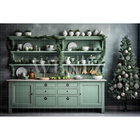 Fabric Photography Background Green Christmas Kitchen / Backdrop 4685