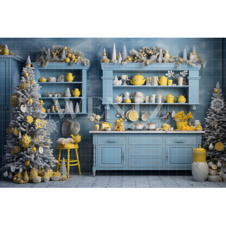 Fabric Photography Background Blue and Yellow Christmas Kitchen / Backdrop 4689