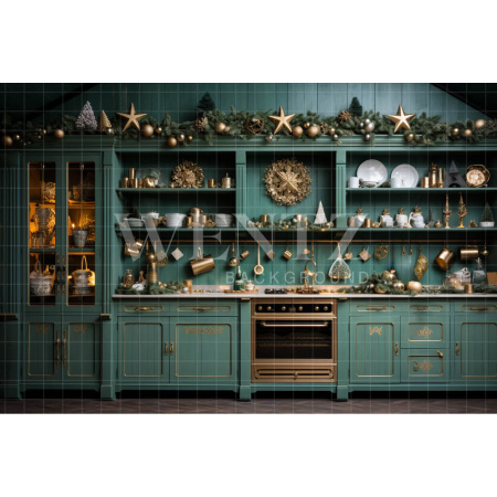 Fabric Photography Background Green Christmas Kitchen / Backdrop 4703