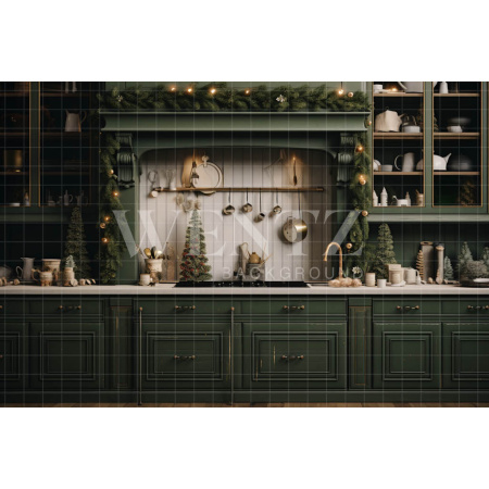 Fabric Photography Background Green Christmas Kitchen / Backdrop 4695