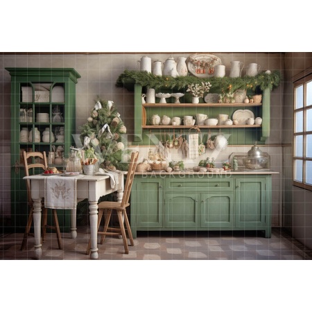 Fabric Photography Background Green Christmas Kitchen / Backdrop 4696