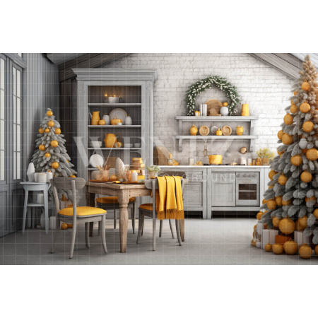 Fabric Photography Background  White and Yellow Christmas Kitchen / Backdrop 4716