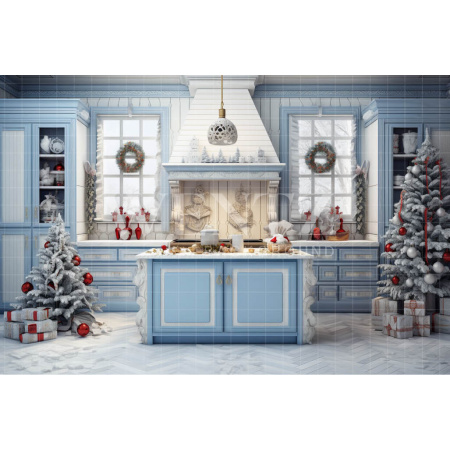 Fabric Photography Background Blue Christmas Kitchen / Backdrop 4719