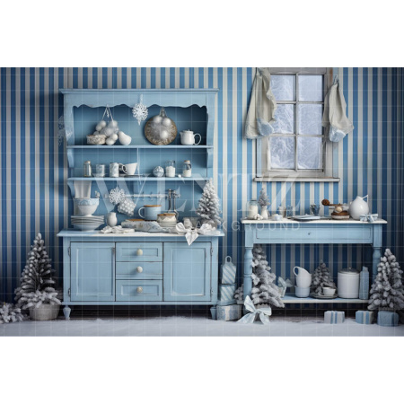 Fabric Photography Background Blue Christmas Kitchen / Backdrop 4720