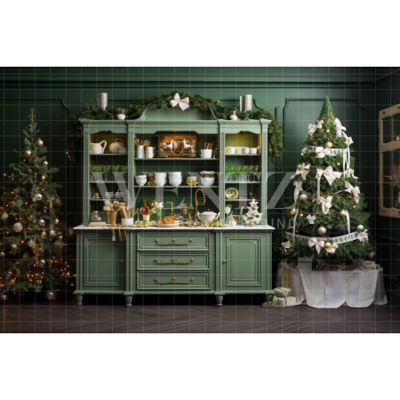 Fabric Photography Background Green Christmas Kitchen / Backdrop 4749