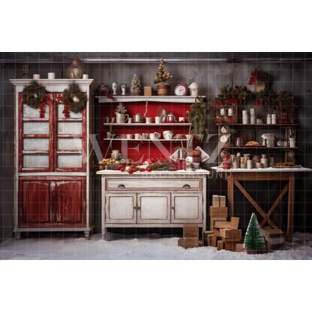 Fabric Photography Background Vintage Christmas Kitchen / Backdrop 4754