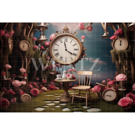 Fabric Photography Background Set with Clock and Flowers / Backdrop 4906