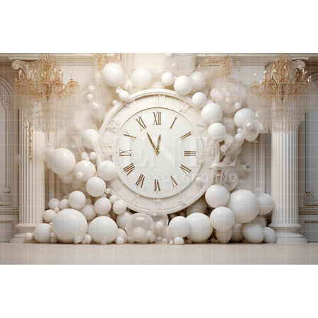 Photographic Background in Fabric Clock and White Balloons / Backdrop 5048