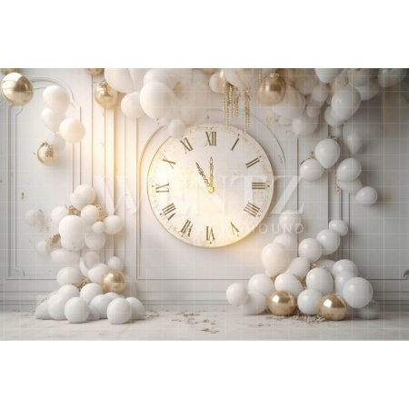 Photographic Background in Fabric Clock and White Balloons / Backdrop 5049