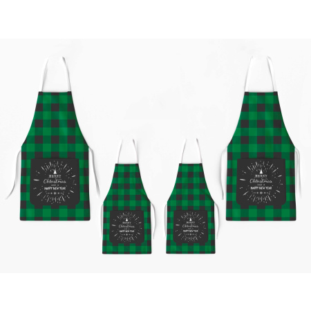 Kit 4 Christmas Family Aprons with Pocket Plaid Black and Green / AW02