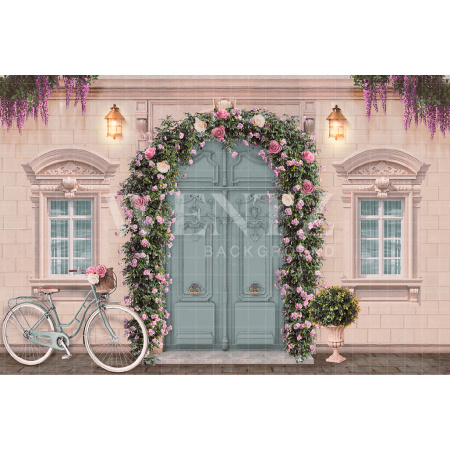 Fabric Photography Background Pink House Facade with Flowers / Backdrop CW131