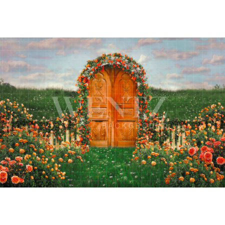 Fabric Photography Background Garden with Roses and Door / Backdrop CW168