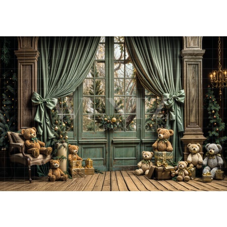 Fabric Photography Background Room with Teddy Bears Christmas / Backdrop 6329