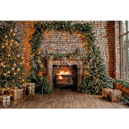 Fabric Photography Background Christmas Fireplace / Backdrop 6409