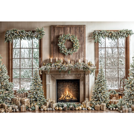 Fabric Photography Background Christmas Fireplace / Backdrop 6436