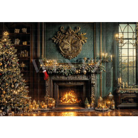 Fabric Photography Background Christmas Fireplace / Backdrop 6499