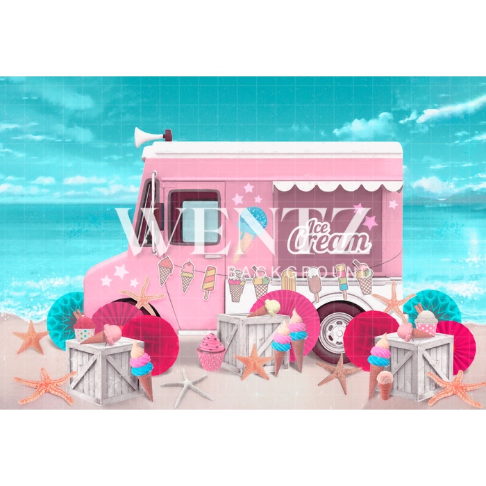 Fabric Photography Background Ice Cream Car on the Beach / Backdrop 2384