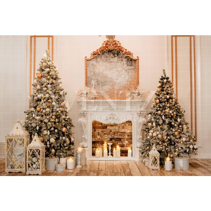 Fabric Photography Background Christmas Room with Fireplace / Backdrop 2468