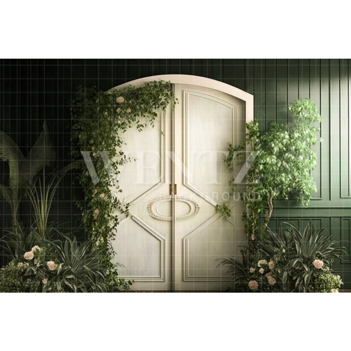 Fabric Photography Background White Door with Plants / Backdrop 2790