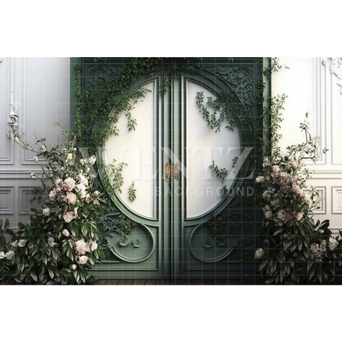 Fabric Photography Background Scenery with Green Door and Plants / Backdrop 2792