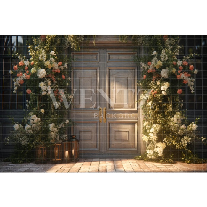 Fabric Photography Background Rustic Door with Flowers / Backdrop 3671