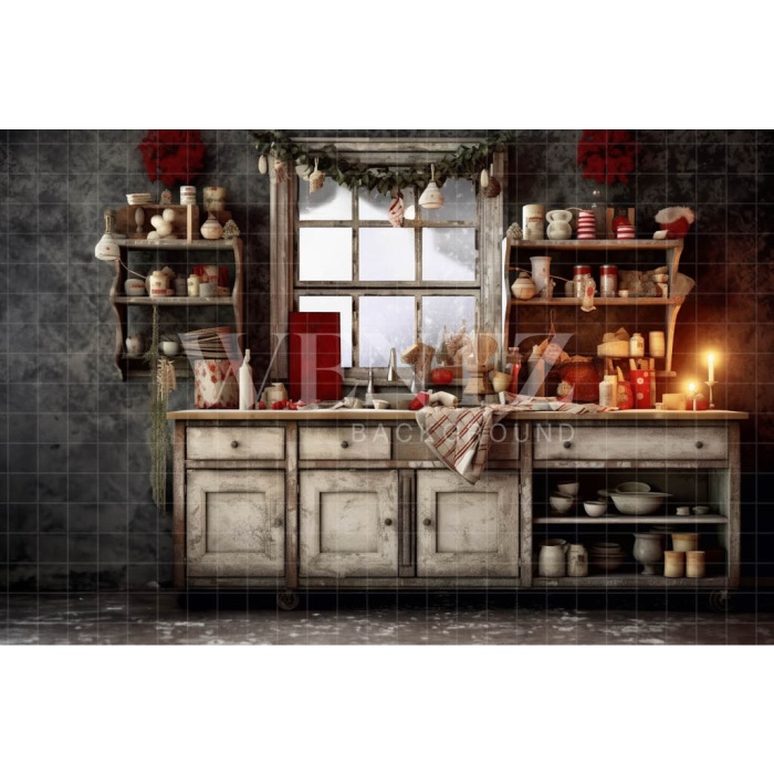 Fabric Photography Background Rustic Christmas Kitchen / Backdrop 4339