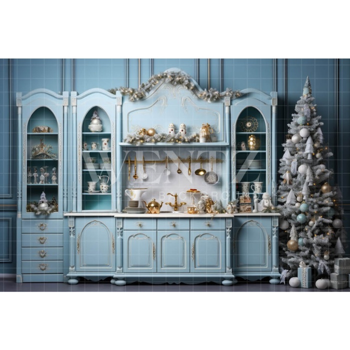 Fabric Photography Background Blue Christmas Kitchen / Backdrop 4598