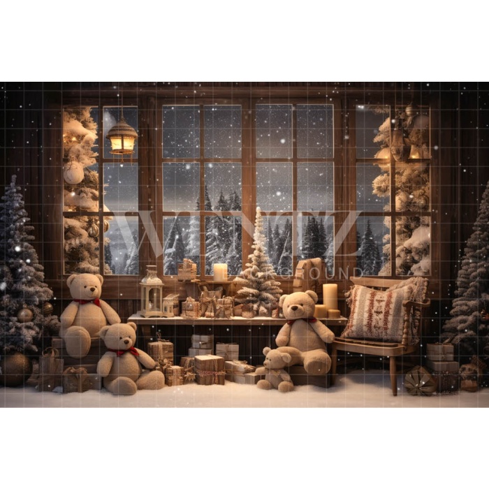 Fabric Photography Background Christmas Room with Teddy Bears / Backdrop 4599