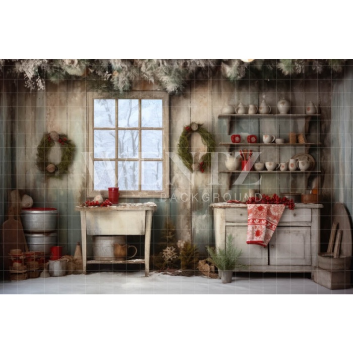 Fabric Photography Background Vintage Christmas Kitchen / Backdrop 4643