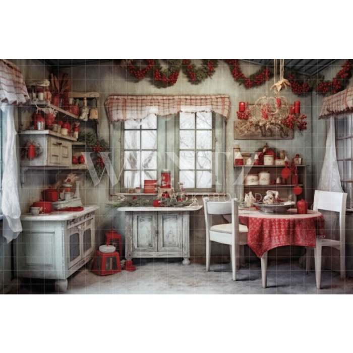 Fabric Photography Background Vintage Christmas Kitchen / Backdrop 4663