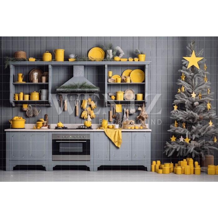 Fabric Photography Background Grey and Yellow Christmas Kitchen / Backdrop 4666