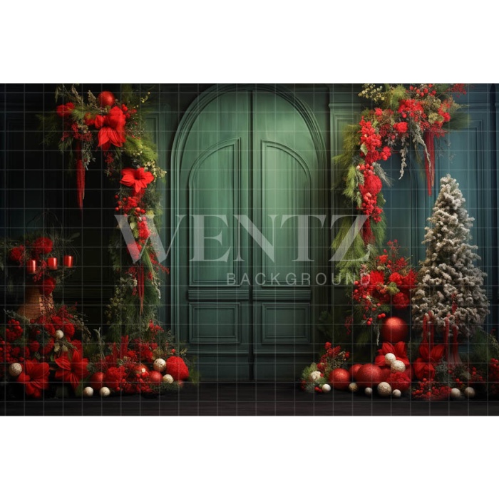 Fabric Photography Background Green Christmas Door / Backdrop 4671