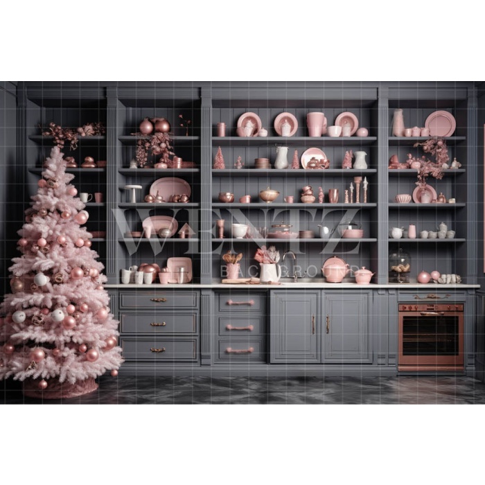 Fabric Photography Background Grey and Pink Christmas Kitchen / Backdrop  4679