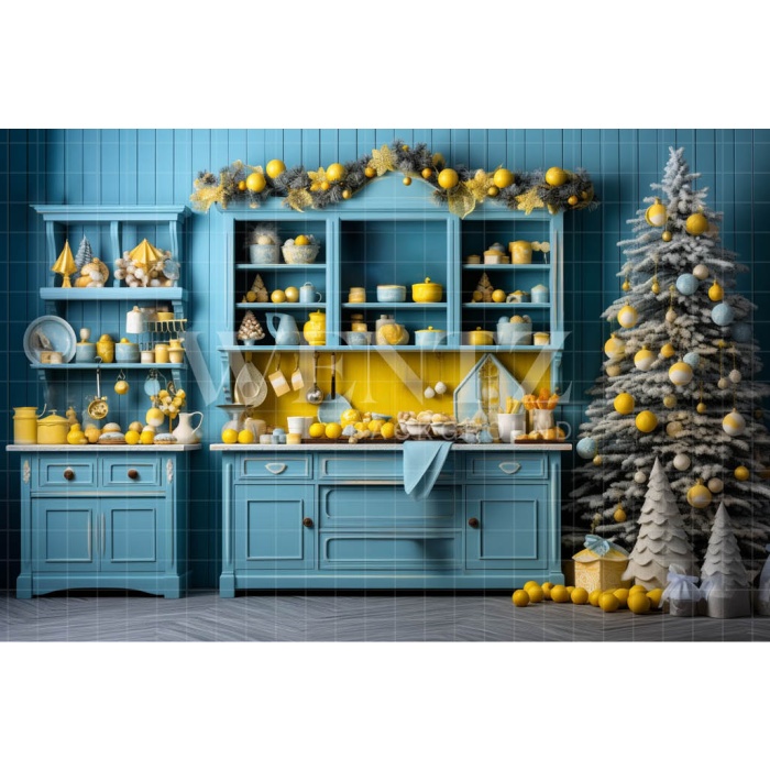 Fabric Photography Background Blue and Yellow Christmas Kitchen / Backdrop 4688