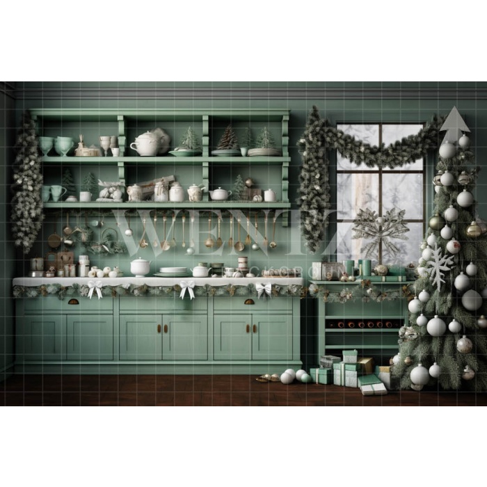 Fabric Photography Background Green Christmas Kitchen / Backdrop 4690