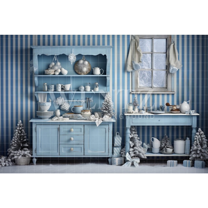 Fabric Photography Background Blue Christmas Kitchen / Backdrop 4720