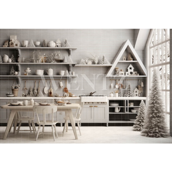 Fabric Photography Background White Christmas Kitchen / Backdrop 4740