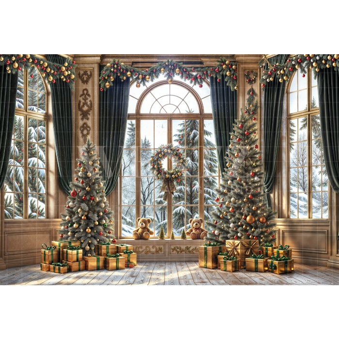 Fabric Photography Background Living Room with Window Christmas / Backdrop 6313