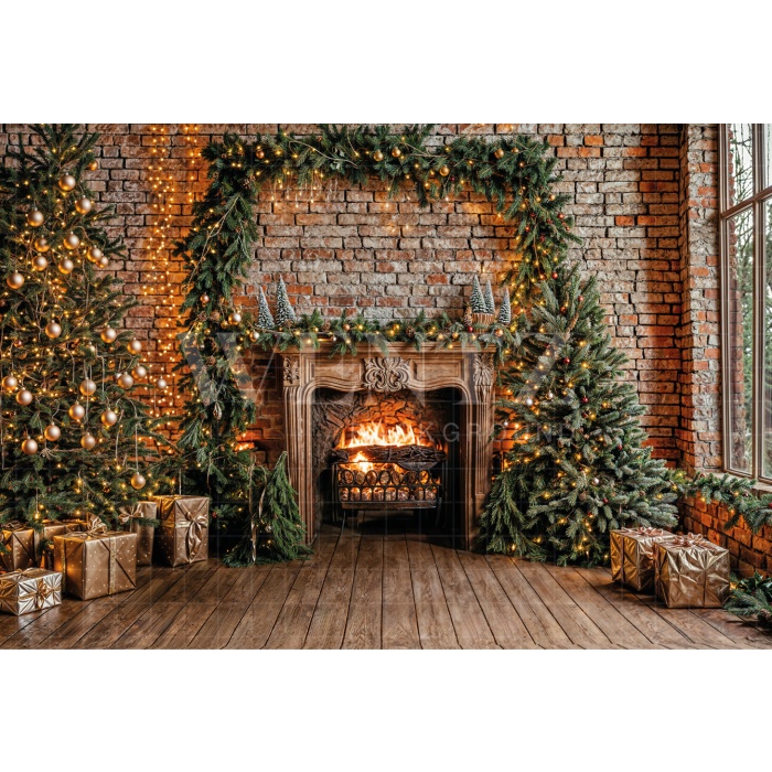 Fabric Photography Background Christmas Fireplace / Backdrop 6409